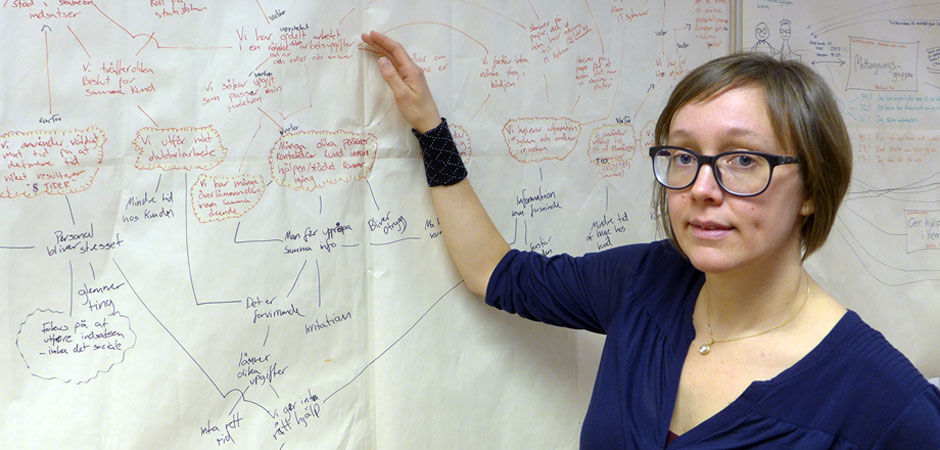 Kristin Eriksson står och håller upp en hand mot ett papper med text i olika rutor.