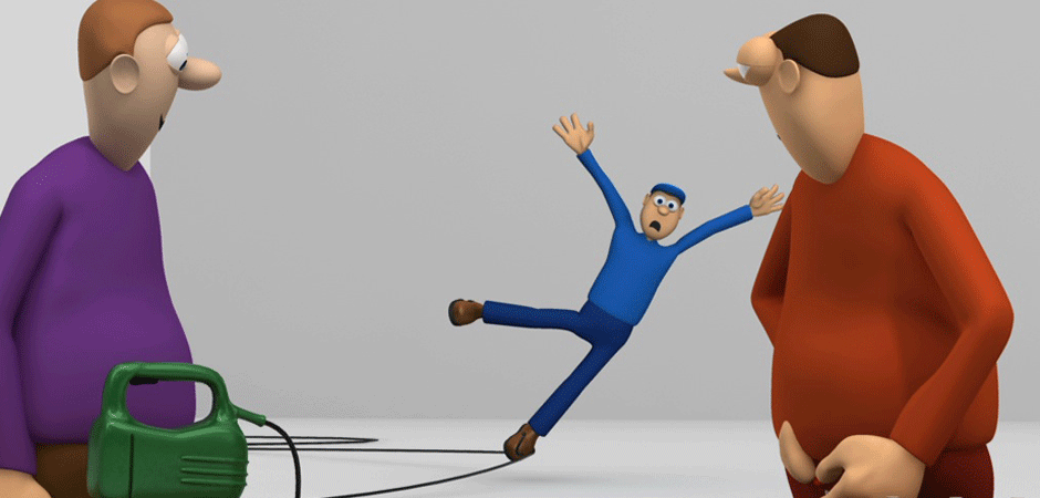 Två animerade personer tittar på en tredje person som snubblar på en kabel