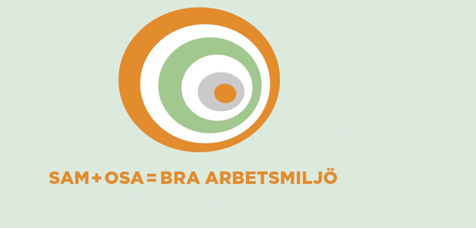 Illustration av cirklar i cirklar med texten SAM+OSA=BRA ARBETSMILJÖ