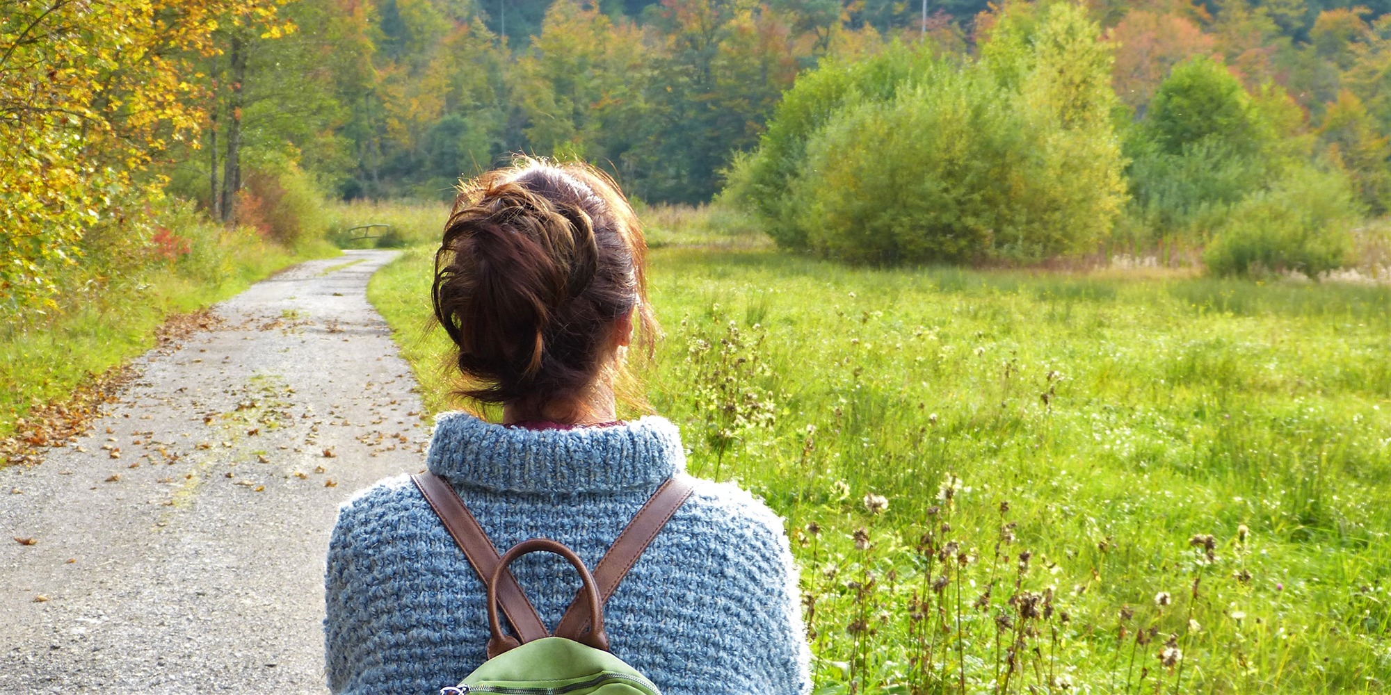 ryggren på en kvinna i grå ylletröja och brunt uppsatt hår, på en grusväg i vackert öppet höstlandskap med ängar och skog.