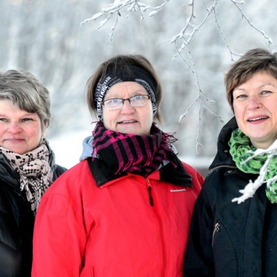 Tre kvinnor i vintrigt landskap, tema Vård i annans hem.