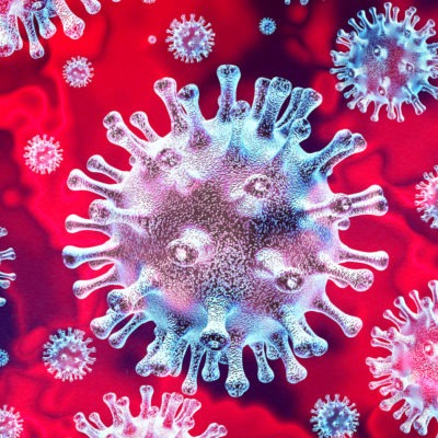 Vita runda bollar med taggar på, mot en röd bakgrund. Bilden ska föreställa Corona-viruset.