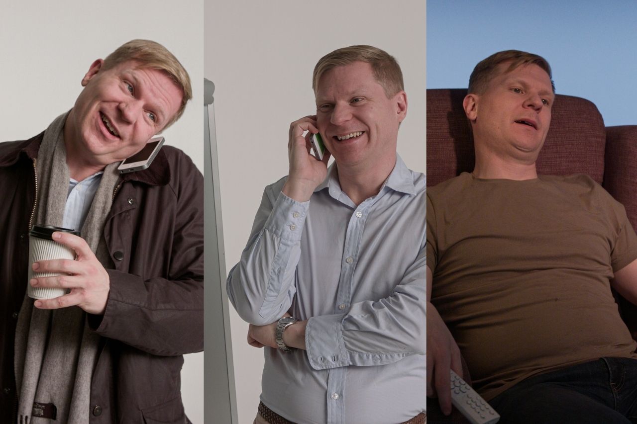Bildcollage på en man som pratar i mobilen