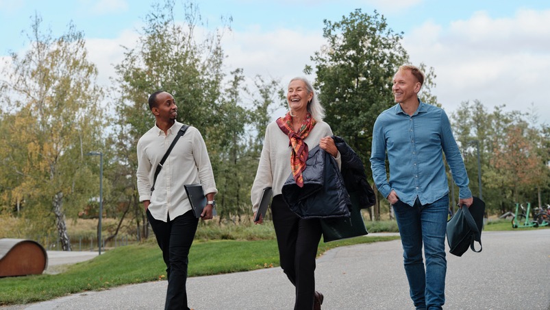 Tre kollegor promenerar och samtalar