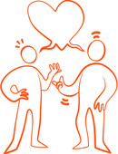 Illustration där två streckgubbar pratar med varandra och pratbubblan bildar ett hjärta.