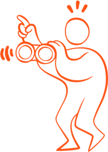 En illustration av en figur som står med en kikare och pekar framåt.