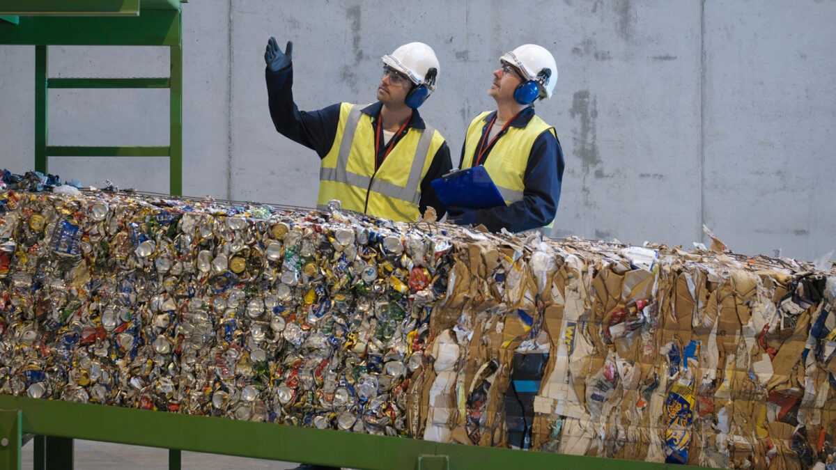 Medarbetare på återvinningsansläggning står vid ett löpande band med hoppressade återvinningsmaterial