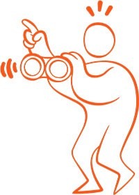 En tecknad orange figur med kikare