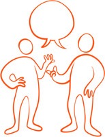 Illustration två gubbar med en gemensam pratbubbla.