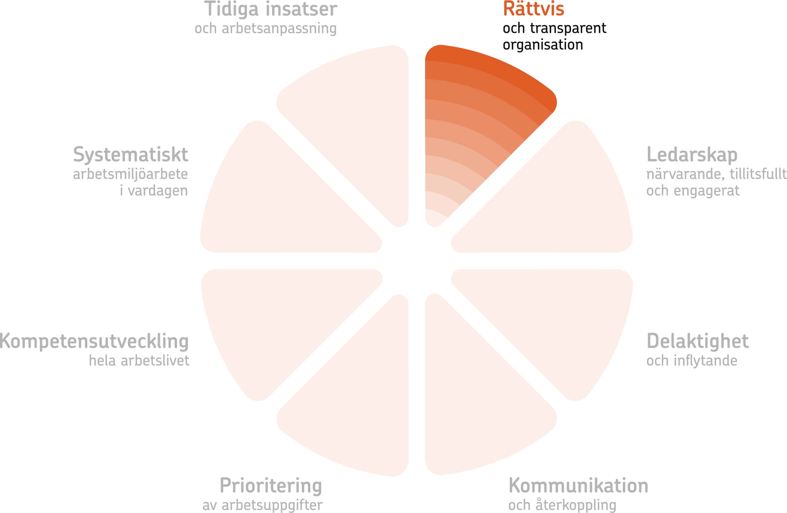 Illustration av friskfaktorhjulet med fokus på Rättvis och transparen organisation.