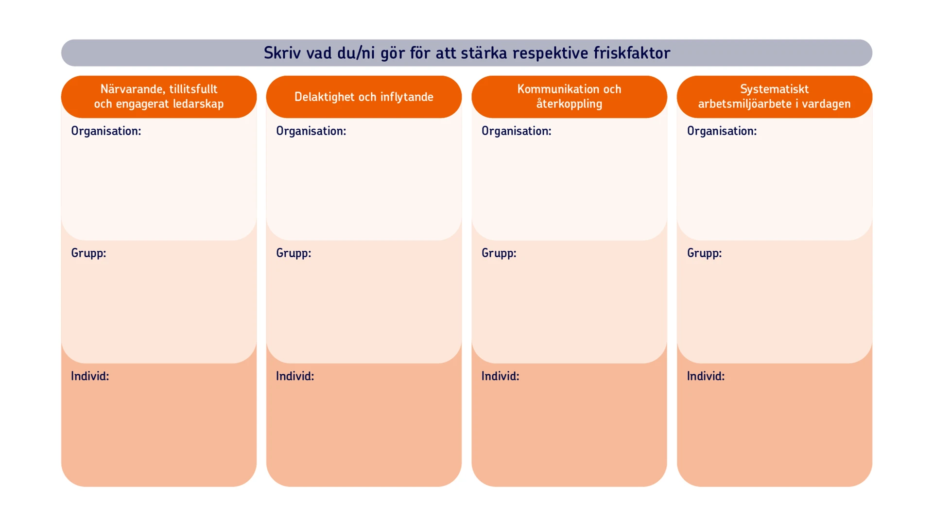 En matris som visar de olika friskfaktorerna som rubriker, och organisation, grupp och individ som underliggande rader. 