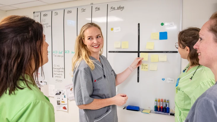 fyra kvinnor i blå och gröna vårdarbetskläder står och tittar på en tavla med anteckningar, i en korridor på en sjukhusavdelning.