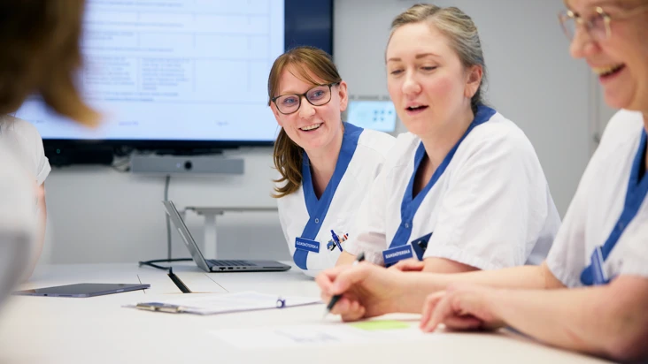 tre sjuksk&ouml;terskor sitter vid ett m&ouml;tesbord och pratar